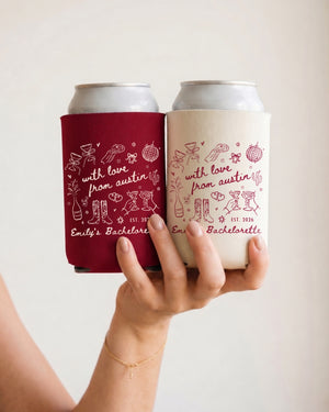 Bachelorette party can cooler with minimalist doodle art, made for the early bachelorette celebrating across cities. Destination city customizable for the full crew.