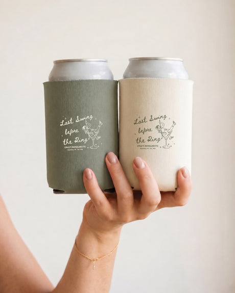 Custom Last Swing Before The Ring can cooler for golf bachelorette parties and bridal crew drinks