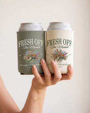 Bachelorette party can cooler with vintage botanical script for the bride-to-be. Fresh Off the Market design keeps drinks cold at bridal showers, engagement parties, and wedding weekend celebrations.