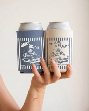 Bride or Die and Ride or Die Stripes Can Cooler Blue Jean