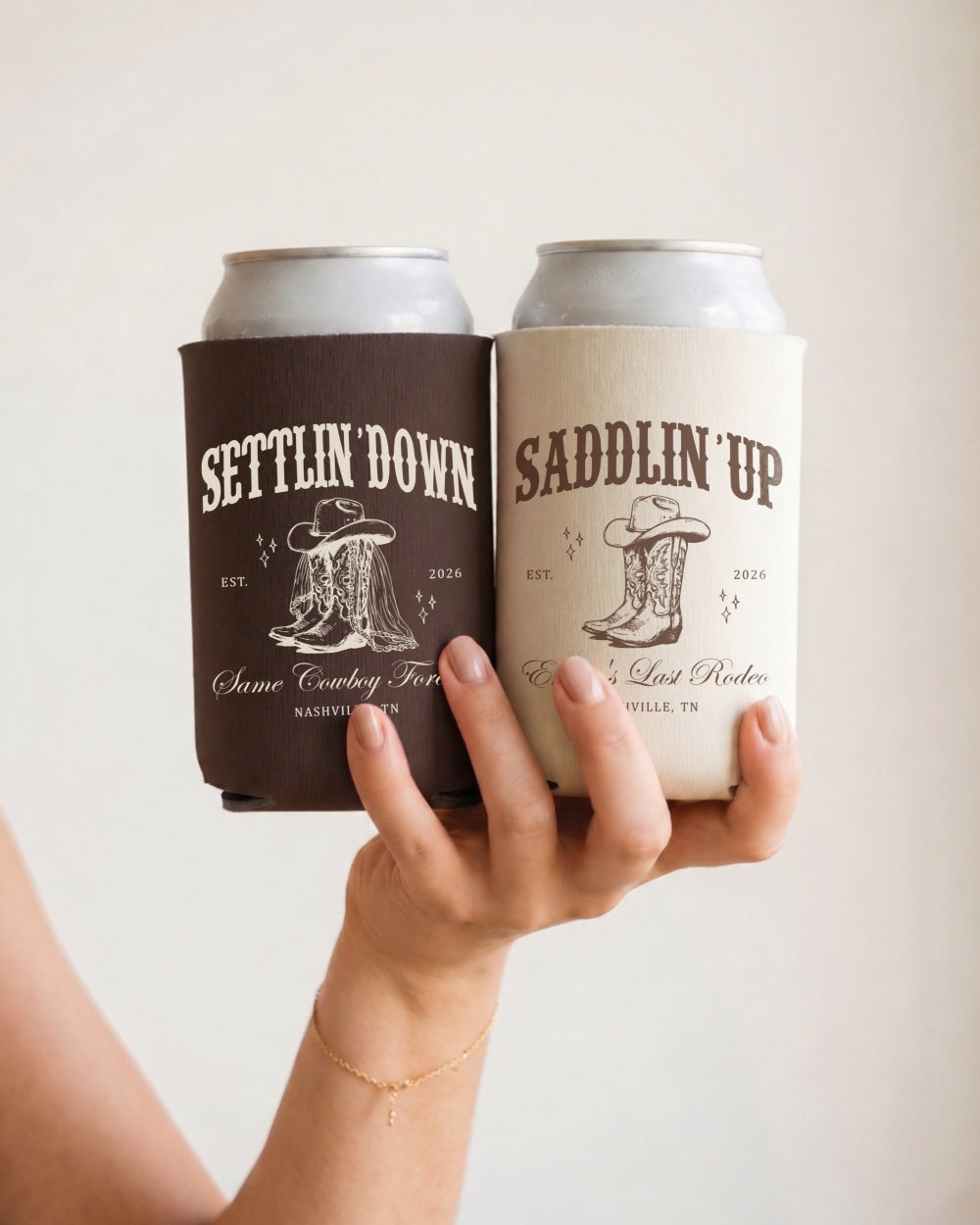 Western wedding reception can cooler with vintage serif typography for the bride and groom. Settlin' Down Saddlin' Up theme, perfect for a country wedding celebration or cowboy bachelorette.