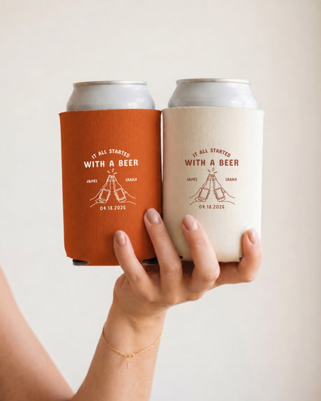 Custom beer can cooler with names and date for couples, wedding favors, and engagement parties