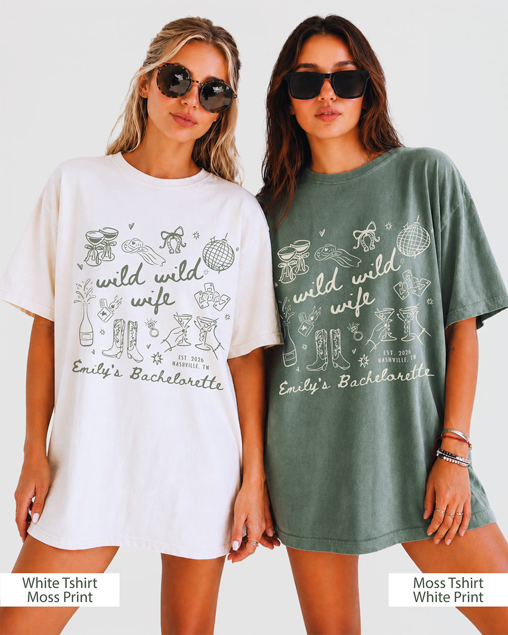 Maid-of-honor gift idea: Wild Wild Wife bachelorette tee with whimsical doodle line-art and script lettering. Personalize with the bride's name and weekend details for the whole crew.