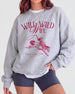 Gift for a country bride: Wild Wild Wife western sweatshirt with vintage rodeo art and script. Personalized with destination, date, and bride name for the whole bachelorette crew.