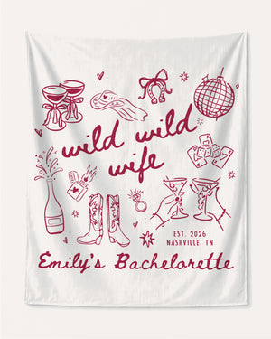 Bachelorette weekend banner with Wild Wild Wife theme, playful hand-drawn doodle art. Personalized with bride name, year, and destination city for the party venue or photo backdrop.