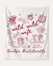 Bachelorette weekend banner with Wild Wild Wife theme, playful hand-drawn doodle art. Personalized with bride name, year, and destination city for the party venue or photo backdrop.