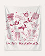 Bachelorette weekend banner with Wild Wild Wife theme, playful hand-drawn doodle art. Personalized with bride name, year, and destination city for the party venue or photo backdrop.